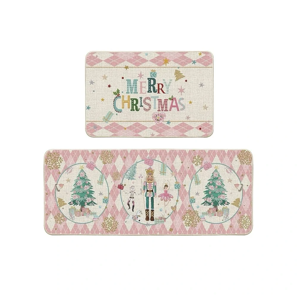 Diamond Plaid Nutcracker Merry Christmas Kitchen Mats Set of 2, Winter Decor Low